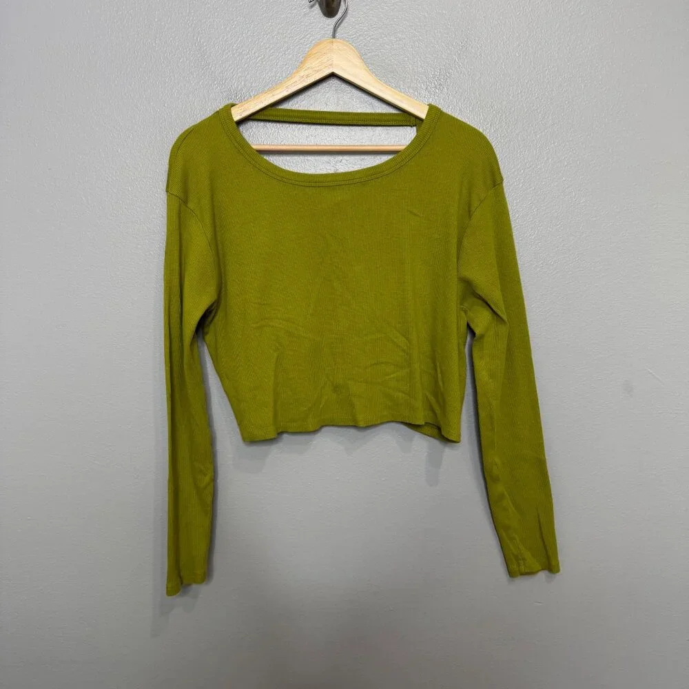 SATURDAY SUNDAY ANTHROPOLOGIE green rib knit long sleeve plunging back tee size